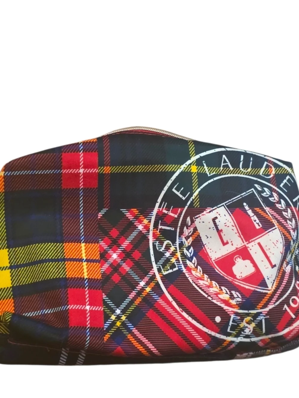 Estee Lauder Plaid Preppy Lined Cosmetic Pouch with Gold Zipper Trim